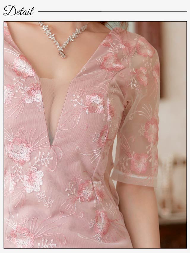 8/7再入荷!Vネックフラワー刺繍ウエストシアー五分袖タイトミニドレス[SML/3サイズ展開]