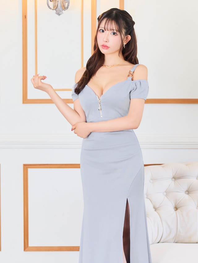 フロントジップオフショルダーバックルスリットタイトロングドレス[SML/3サイズ展開][伊藤桃々着用]