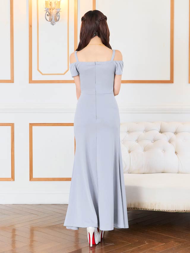 フロントジップオフショルダーバックルスリットタイトロングドレス[SML/3サイズ展開][伊藤桃々着用]