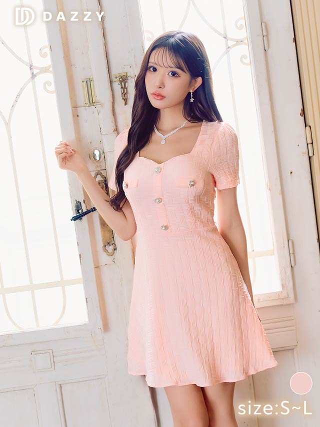 パールボタンビジュー半袖Aラインミニドレス[SML/3サイズ展開][伊藤桃々着用]