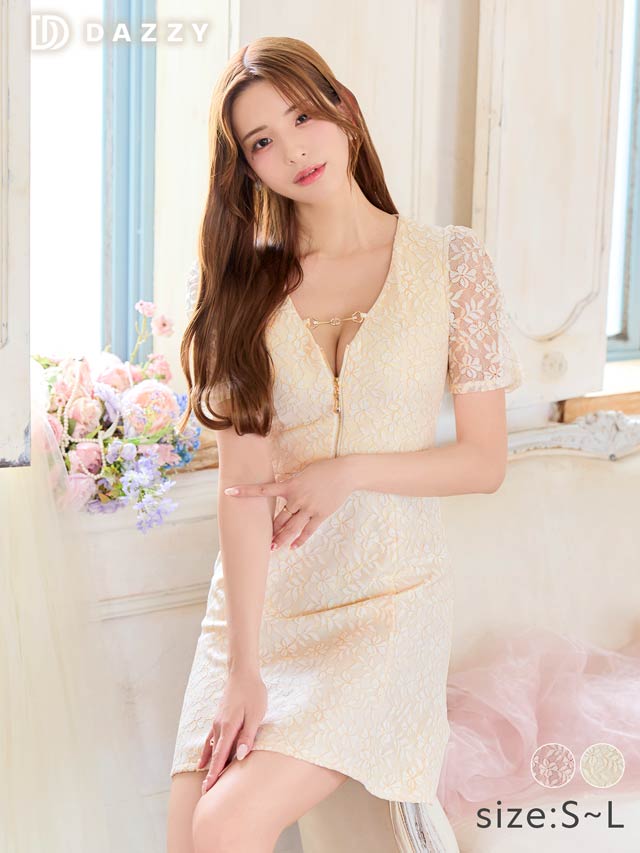 総レースVネックジップアップ半袖Aラインミニドレス[SML/3サイズ展開]