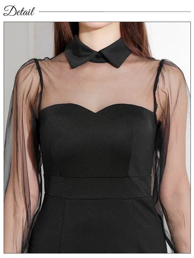 襟付きチュールシアーロングスリーブタイトミニドレス[SML/3サイズ展開][プチプラドレス][伊藤桃々着用]