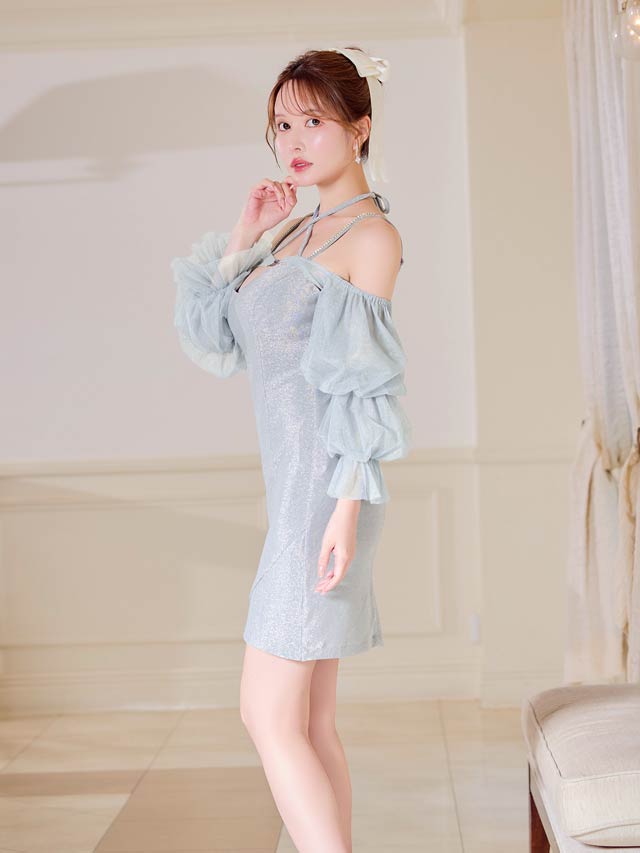 8/6新作!2wayチュールボレロ付きグリッターキャミソールタイトミニドレス[SML/3サイズ展開]