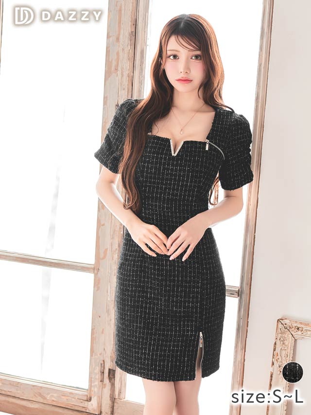 ラメツイードVビジュージップスリーブタイトミニドレス[SML/3サイズ展開]