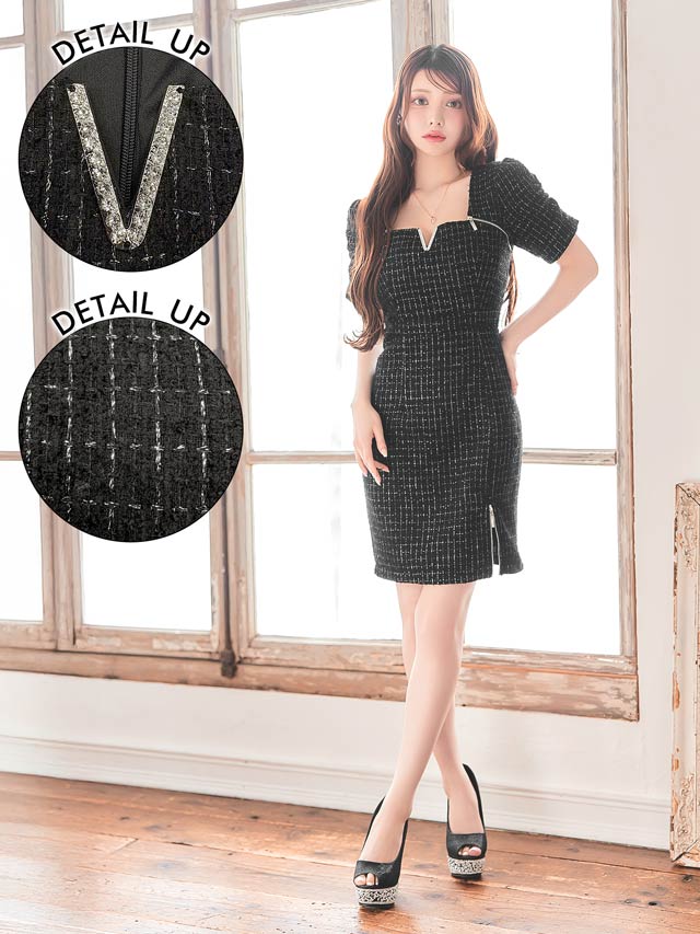 ラメツイードVビジュージップスリーブタイトミニドレス[SML/3サイズ展開]