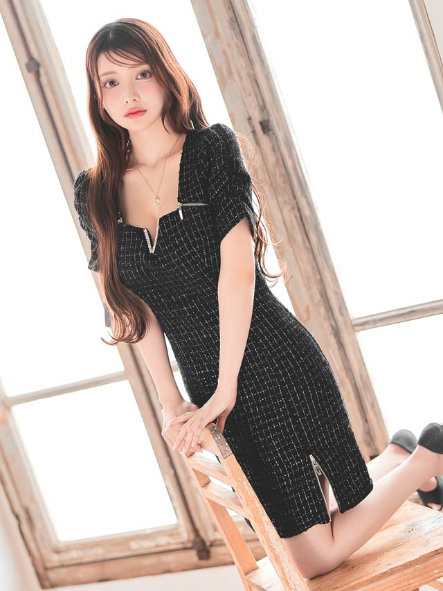 ラメツイードVビジュージップスリーブタイトミニドレス[SML/3サイズ展開]