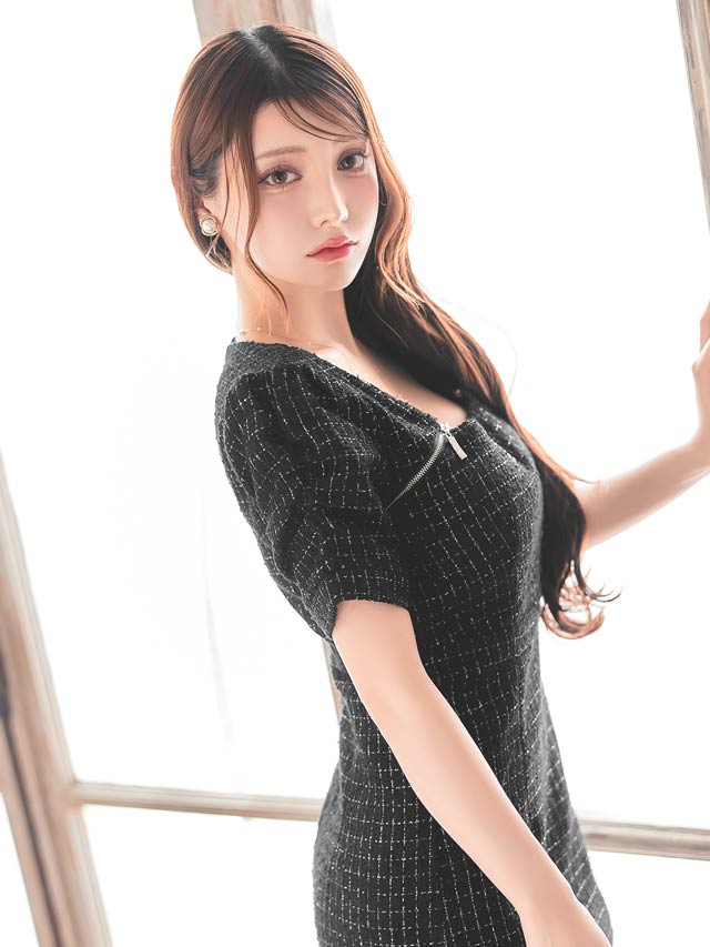 ラメツイードVビジュージップスリーブタイトミニドレス[SML/3サイズ展開]