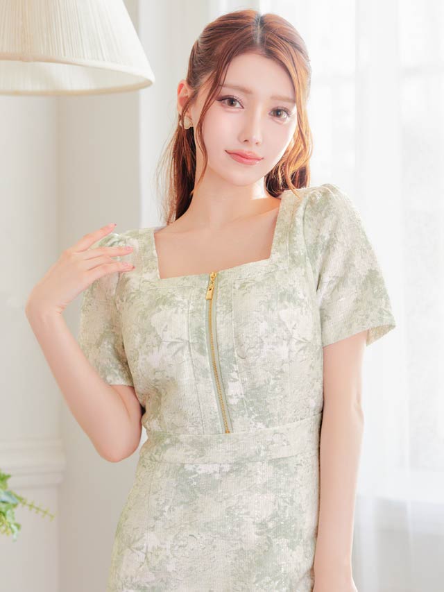 7/30新作!ニュアンスツイードフロントジップ半袖タイトミニドレス[SML/3サイズ展開]