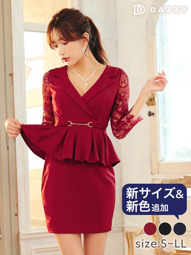 5/1再入荷! カシュクールテーラードペプラムシアー七分袖タイトミニドレス[S~LL/4サイズ展開]