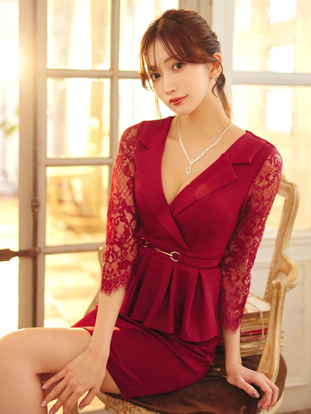 5/1再入荷! カシュクールテーラードペプラムシアー七分袖タイトミニドレス[S~LL/4サイズ展開]