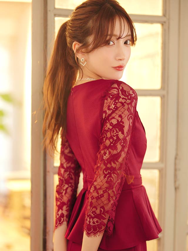 5/1再入荷! カシュクールテーラードペプラムシアー七分袖タイトミニドレス[S~LL/4サイズ展開]