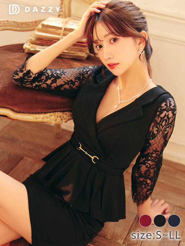 5/1再入荷! カシュクールテーラードペプラムシアー七分袖タイトミニドレス[S~LL/4サイズ展開]