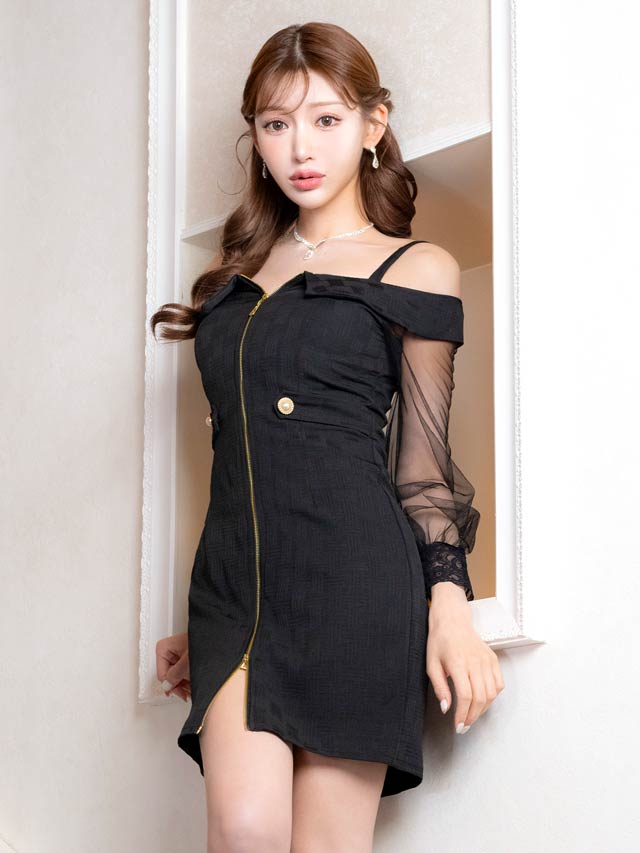 5/1再入荷!ジャガードオフショルフロントジップ長袖タイトミニドレス[XS~L/4サイズ展開][ 明日花キララ着用]