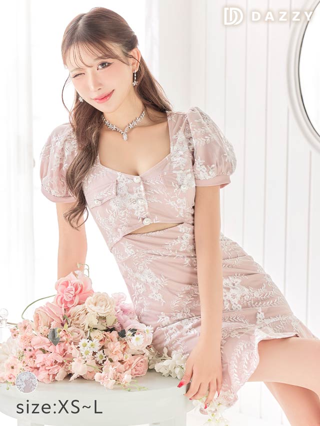 5/19新作!フラワーウエストカットパフスリーブマーメイドミニドレス[XS〜L/4サイズ展開][伊藤桃々着用]