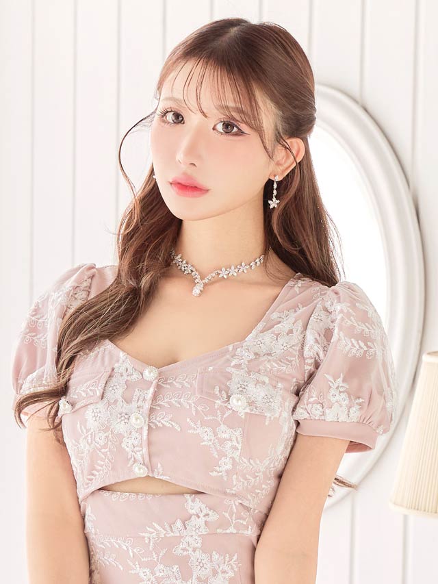 5/19新作!フラワーウエストカットパフスリーブマーメイドミニドレス[XS〜L/4サイズ展開][伊藤桃々着用]