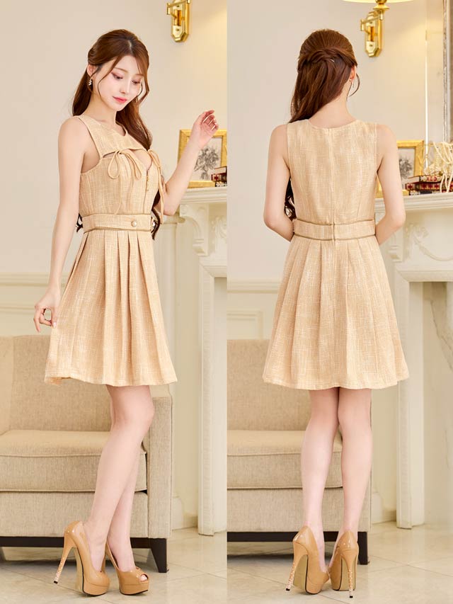 5/26新作!ツイードリボンフロントジップカットアウトAラインミニドレス[SML/3サイズ展開]