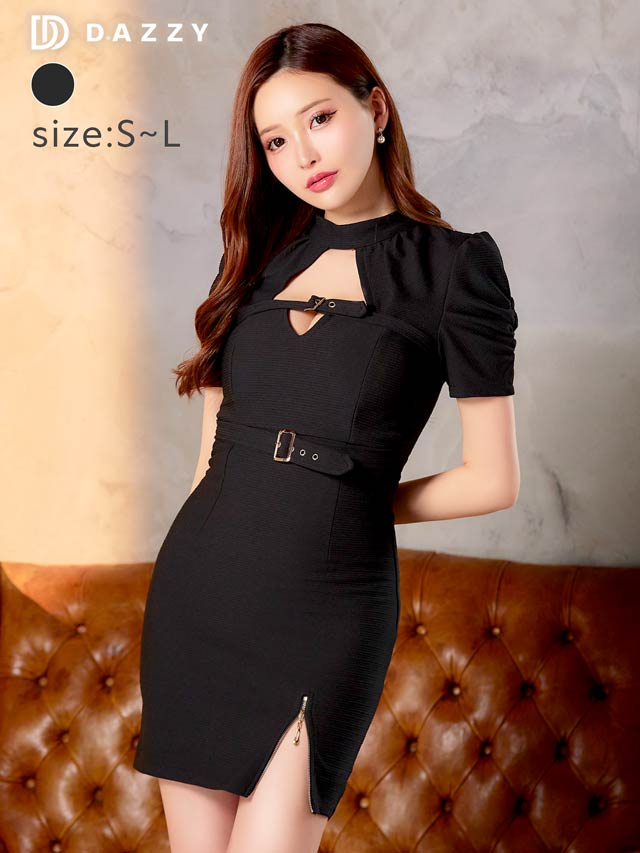ハイネックバックルベルトモチーフファスナースリット半袖タイトミニドレス[SML/3サイズ展開]