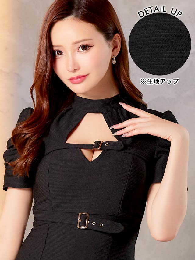 ハイネックバックルベルトモチーフファスナースリット半袖タイトミニドレス[SML/3サイズ展開]