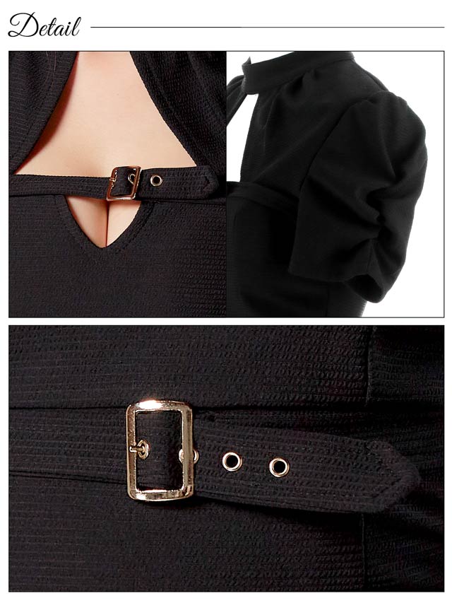 ハイネックバックルベルトモチーフファスナースリット半袖タイトミニドレス[SML/3サイズ展開]