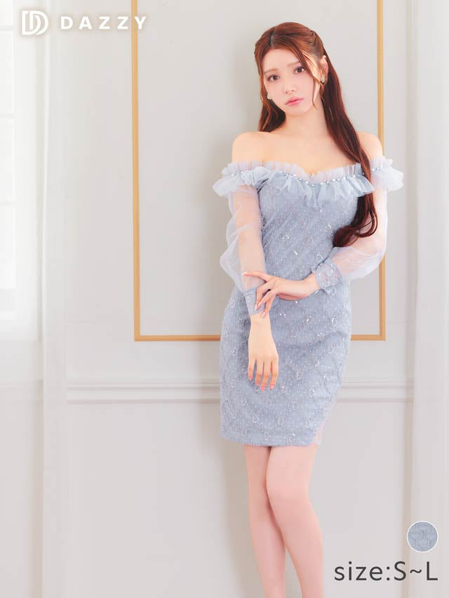 スパンコールドット格子オフショルフリルチュール袖タイトミニドレス[SML/3サイズ展開]