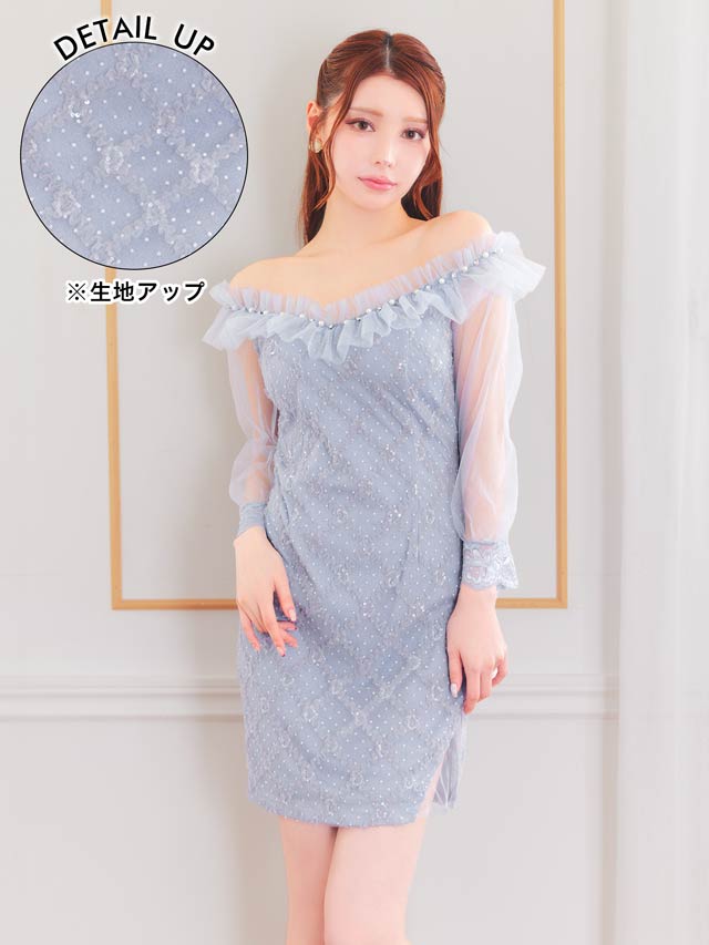 スパンコールドット格子オフショルフリルチュール袖タイトミニドレス[SML/3サイズ展開]