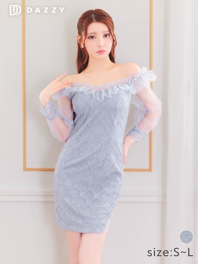 スパンコールドット格子オフショルフリルチュール袖タイトミニドレス[SML/3サイズ展開]