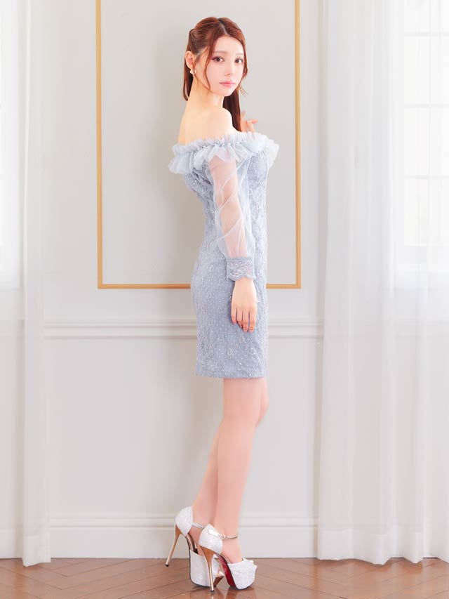 スパンコールドット格子オフショルフリルチュール袖タイトミニドレス[SML/3サイズ展開]