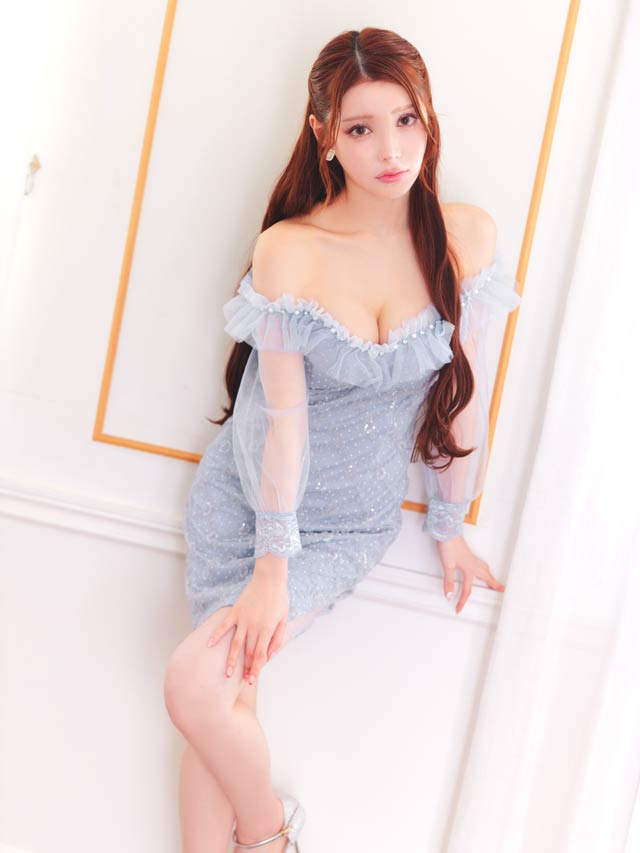 スパンコールドット格子オフショルフリルチュール袖タイトミニドレス[SML/3サイズ展開]