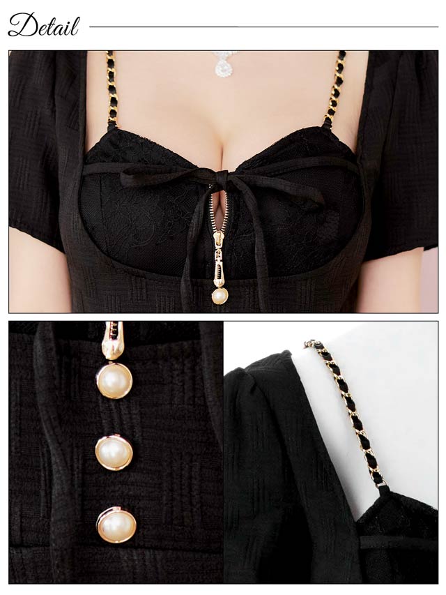 フロントジップリボン半袖チェーンストラップタイトミニドレス[SML/3サイズ展開]