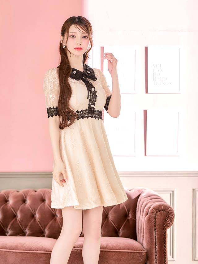 ビジュー襟付きフラワーレースライン五分袖Aラインミニドレス[SML/3サイズ展開]