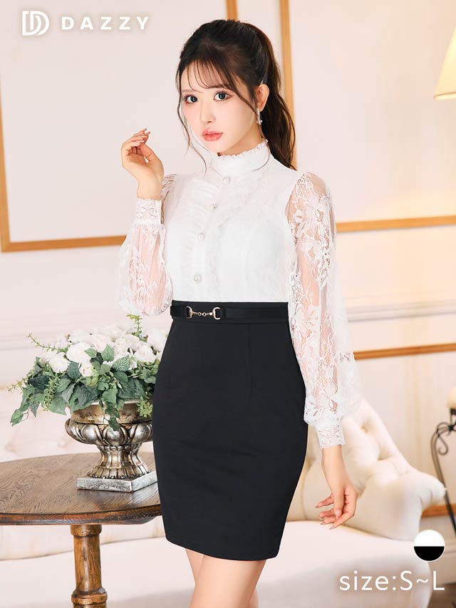 6/16新作!ハイネックフロントフリルレース長袖タイトミニドレス[SML/3サイズ展開][伊藤桃々着用]