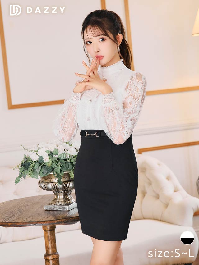 6/16新作!ハイネックフロントフリルレース長袖タイトミニドレス[SML/3サイズ展開][伊藤桃々着用]