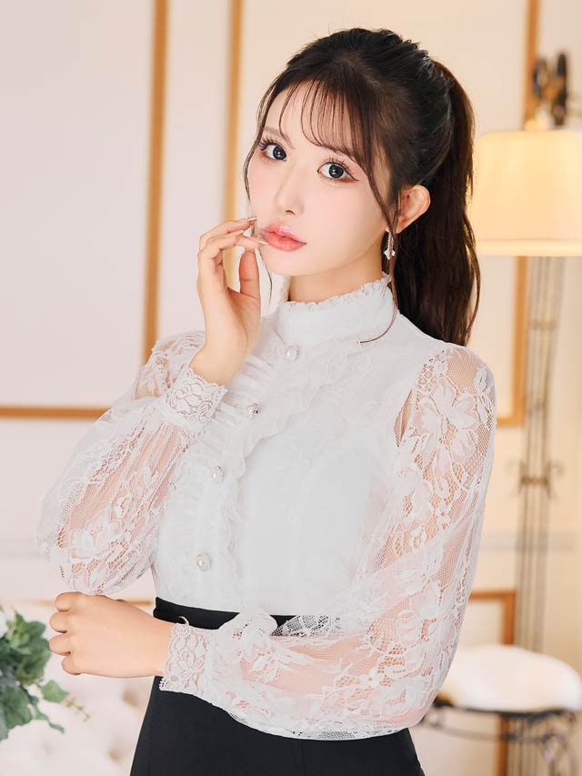 6/16新作!ハイネックフロントフリルレース長袖タイトミニドレス[SML/3サイズ展開][伊藤桃々着用]