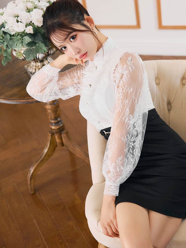 6/16新作!ハイネックフロントフリルレース長袖タイトミニドレス[SML/3サイズ展開][伊藤桃々着用]