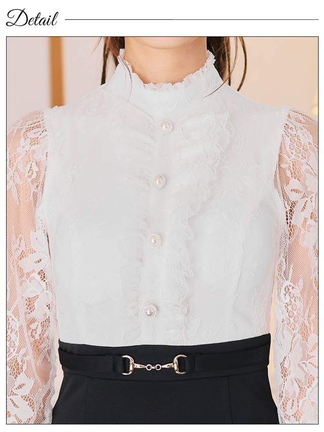 6/16新作!ハイネックフロントフリルレース長袖タイトミニドレス[SML/3サイズ展開][伊藤桃々着用]