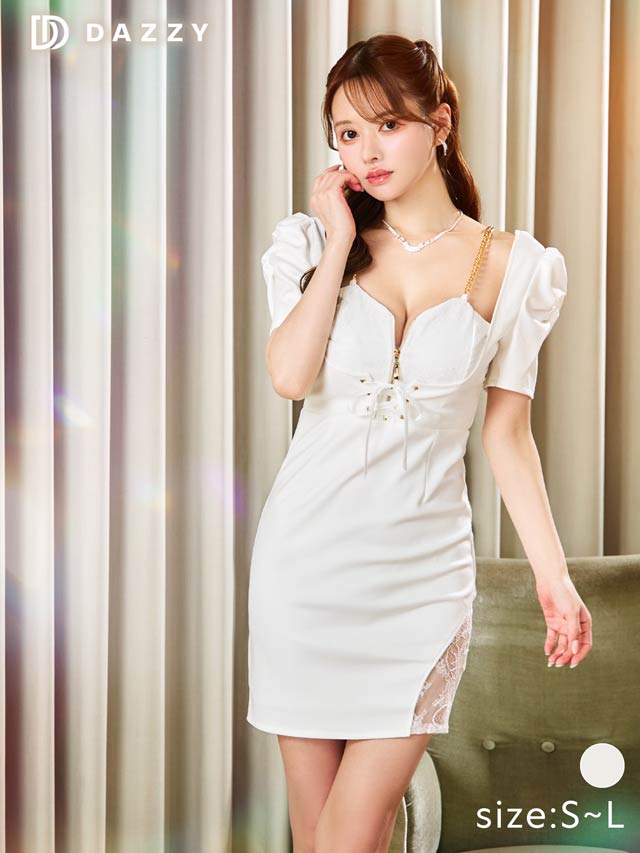 6/2新作!フロントジップチェーンレースアップ半袖タイトミニドレス[SML/3サイズ展開]