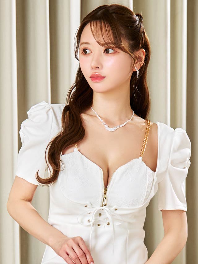 6/2新作!フロントジップチェーンレースアップ半袖タイトミニドレス[SML/3サイズ展開]