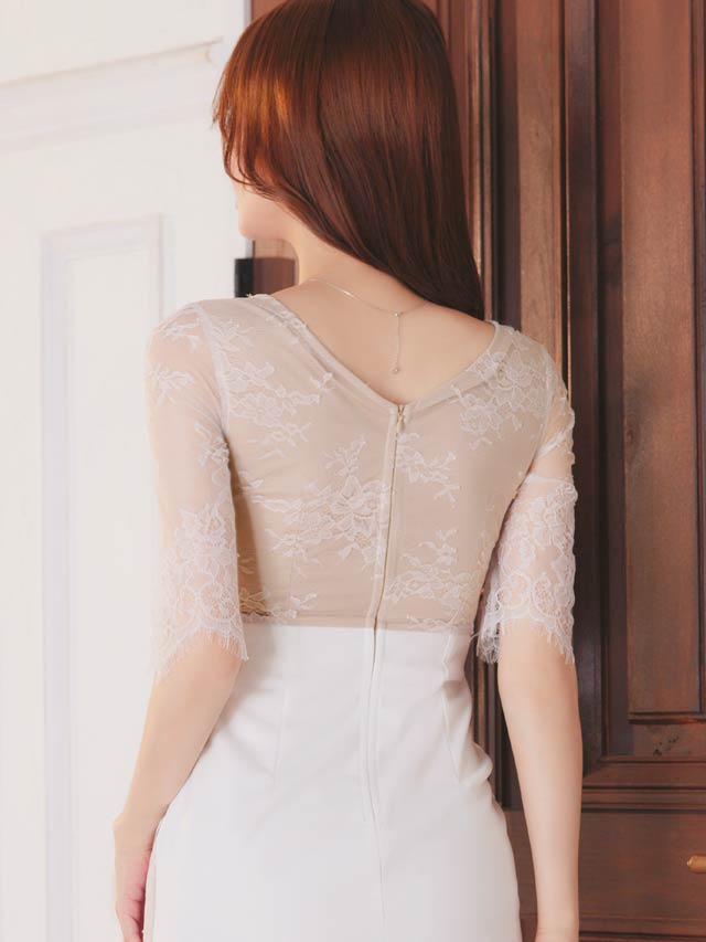 フラワーレースクロスジップスリット五分袖タイトミニドレス[SML/3サイズ展開]