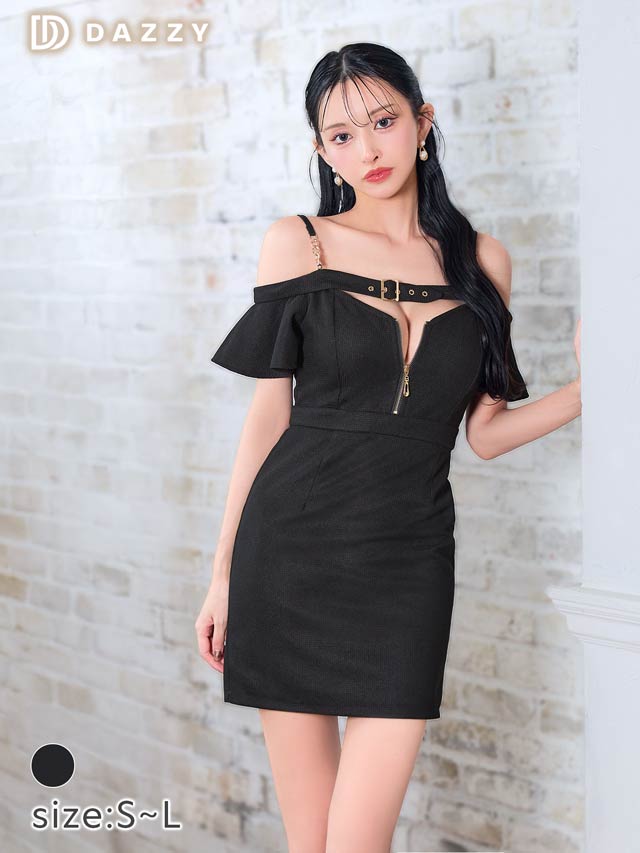 6/6新作!オフショルベルトデザインフロントジップタイトミニドレス[SML/3サイズ展開]