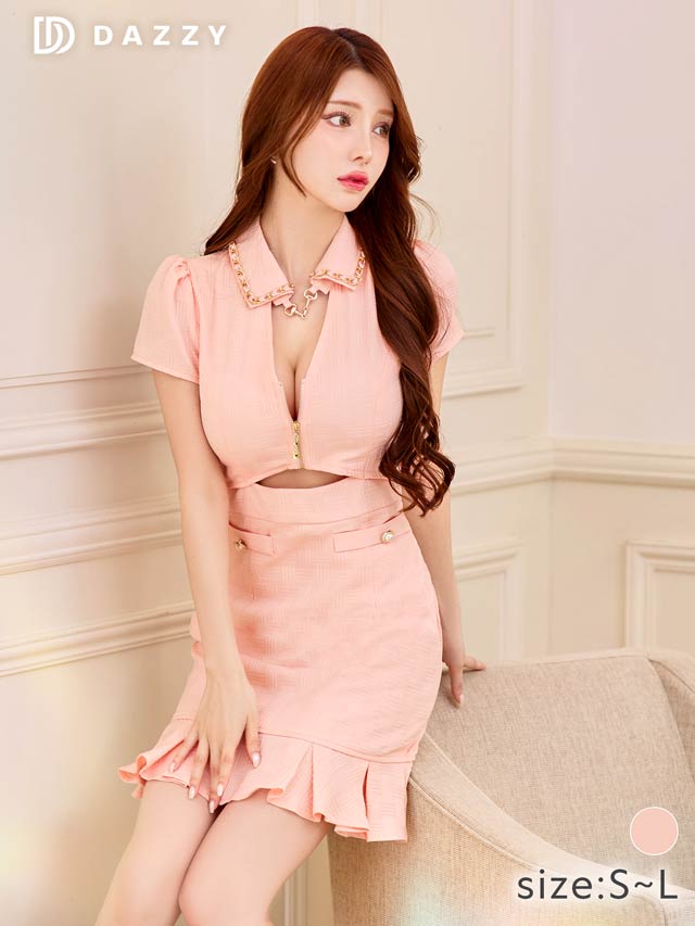 6/9新作!襟付きチェーンフロントジップカット半襟マーメイドミニドレス[SML/3サイズ展開]