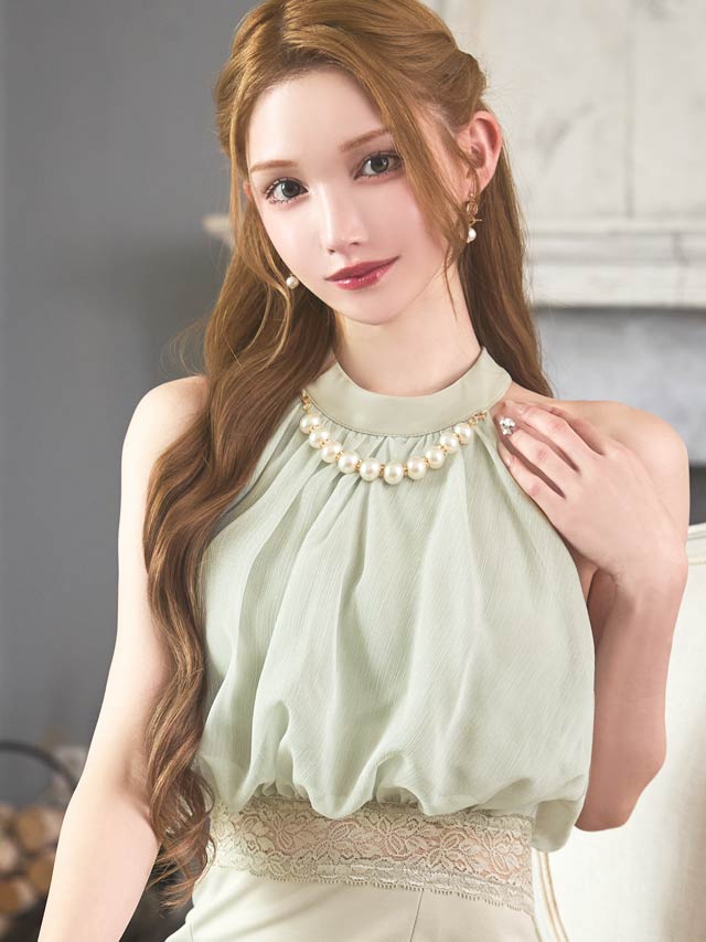 6/30新作!ボリュームシフォンパールビジューアメスリタイトミニドレス[SML/3サイズ展開]