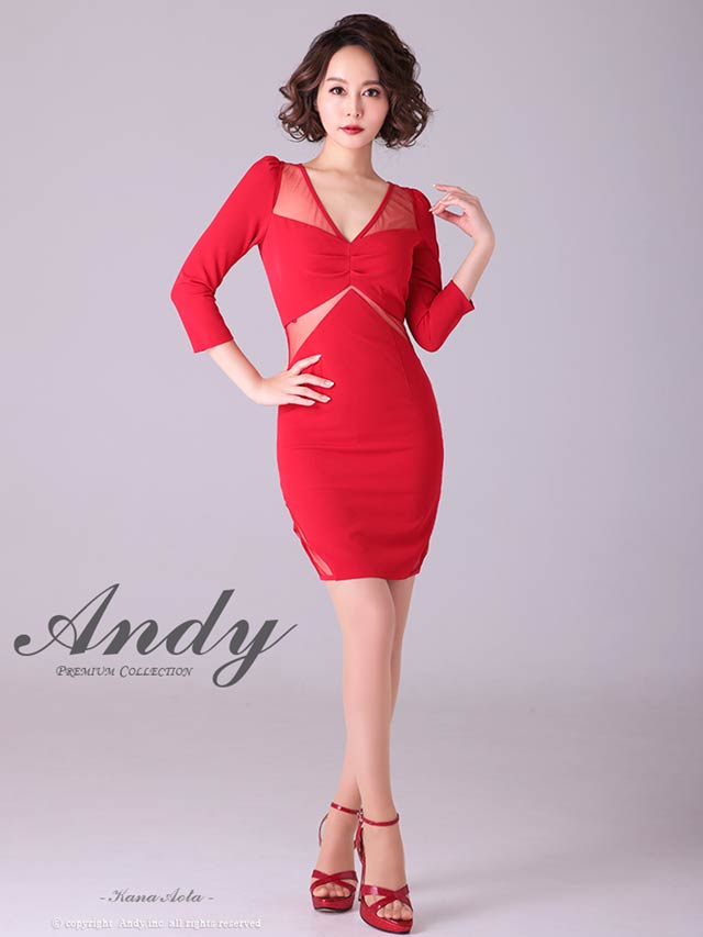 【dazzy特別価格】[Andy]Vネックワンカラーシースルー七分袖タイトミニドレス[AN-OK2700]