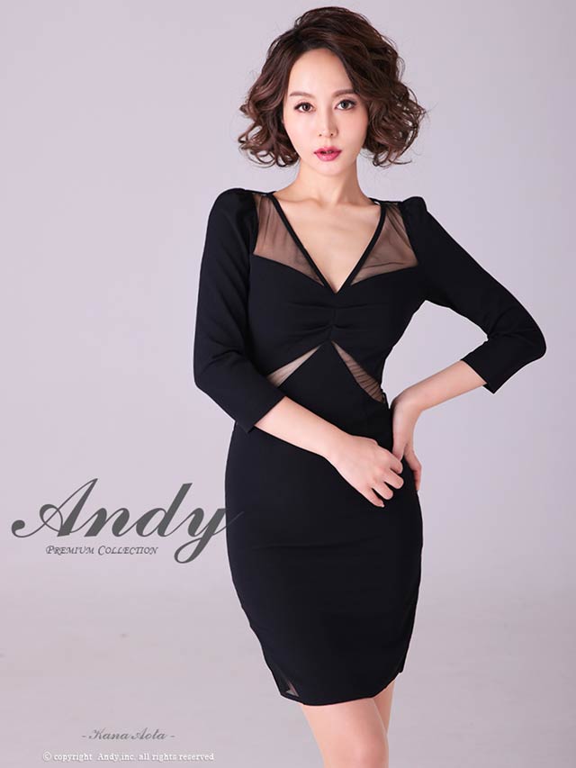 【dazzy特別価格】[Andy]Vネックワンカラーシースルー七分袖タイトミニドレス[AN-OK2700]