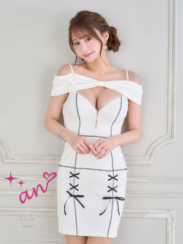 6/17再入荷!【dazzy特別価格】[an]フロントジップオフショルリボンレースアップタイトミニドレス[AOC-3690]