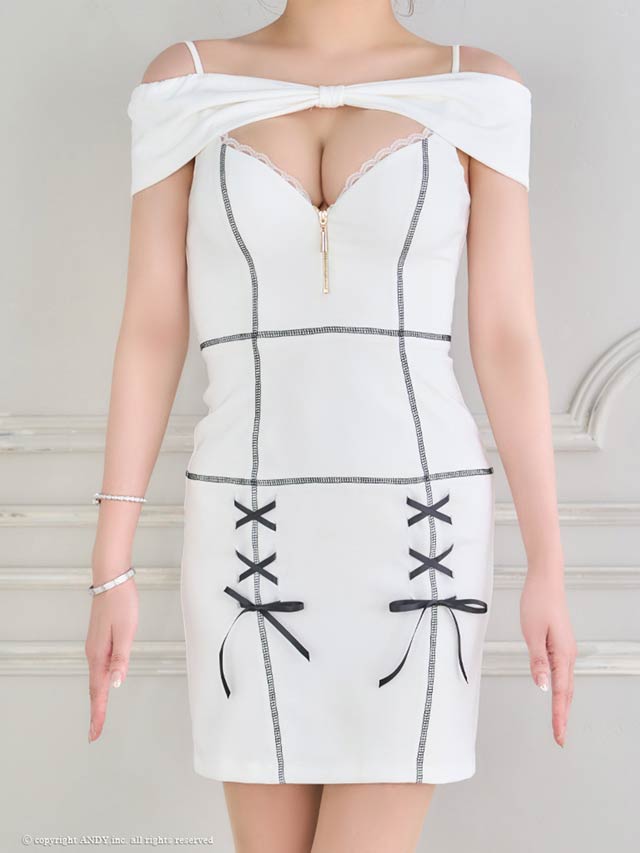 6/17再入荷!【dazzy特別価格】[an]フロントジップオフショルリボンレースアップタイトミニドレス[AOC-3690]