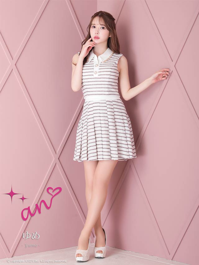 6/30新作!【dazzy特別価格】[an]襟付きボーダーツイードプリーツスカートセットアップ[AOC-3485]