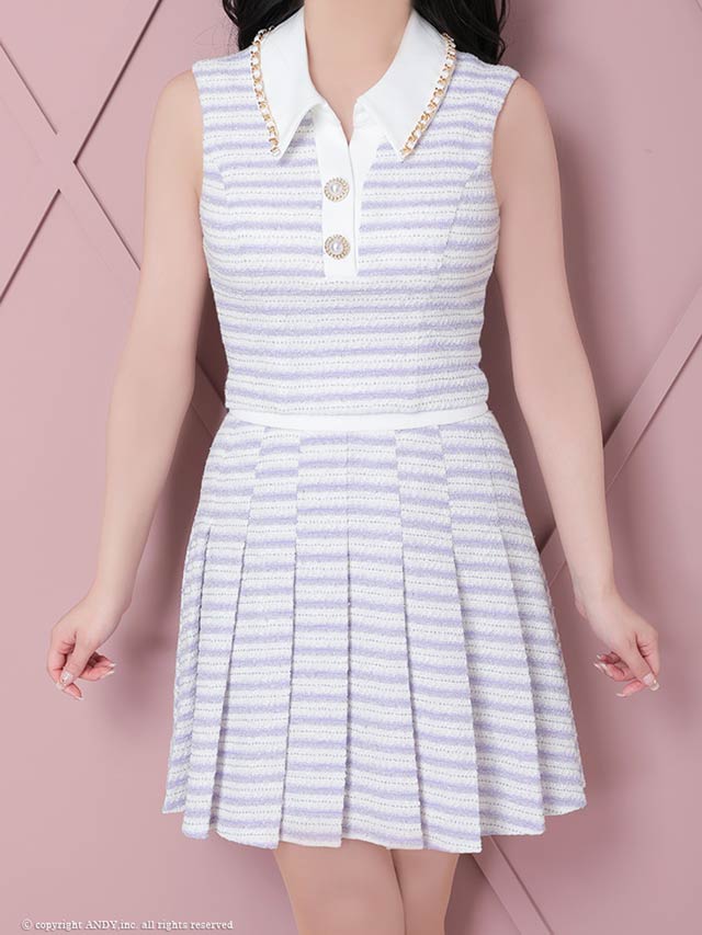 6/30新作!【dazzy特別価格】[an]襟付きボーダーツイードプリーツスカートセットアップ[AOC-3485]