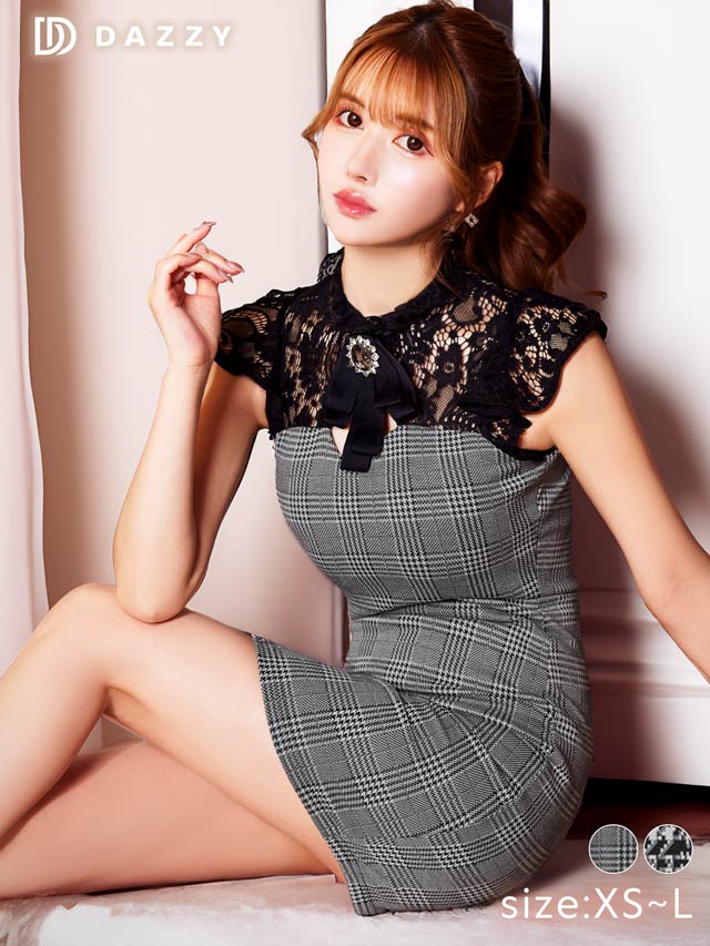 チェック柄シアーハイネックタイトミニドレス[XS〜L/4サイズ展開]