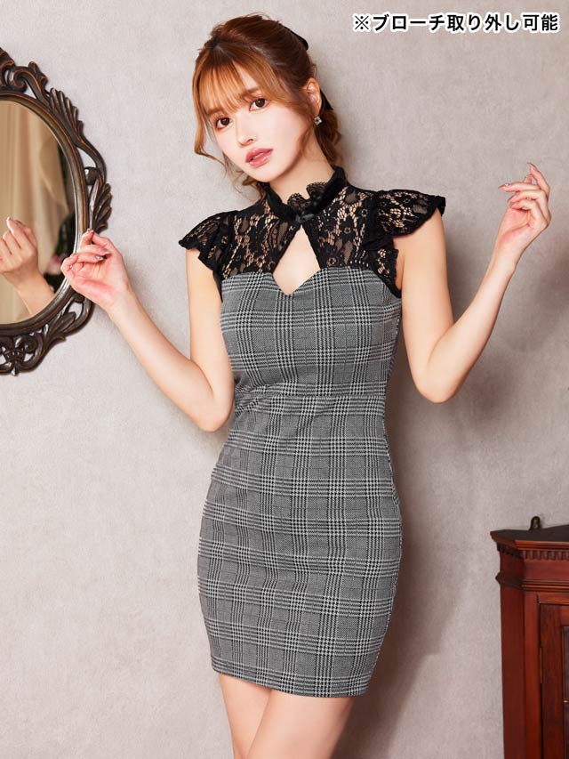 チェック柄シアーハイネックタイトミニドレス[XS〜L/4サイズ展開]