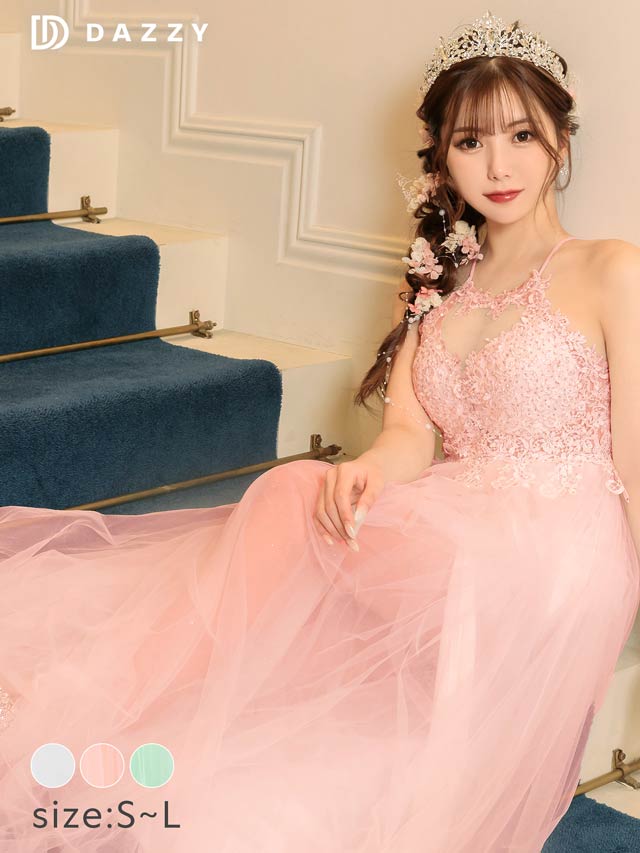 [SMLサイズ]フラワー刺繍アメスリシアーチュールAラインロングドレス[3サイズ展開][LIVE紹介]